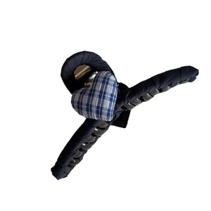 Navy blue lace checkered heart hair claw clip with pleated fabric texture on white background