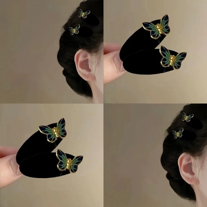 Vintage Velvet Butterfly Hair Clip Blue Enamel Metal Duckbill Clip Elegant Flocking Headwear For Women Daily Hair Accessories