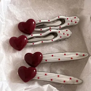 Red Polka Dot Heart Hair Clip Metal Resin Duckbill Side Clip Fashion French Style Women Hair Accessory
