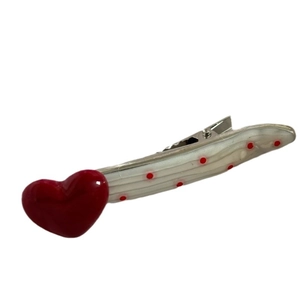 French style red polka dot hair clip with heart accent and cream acetate finish