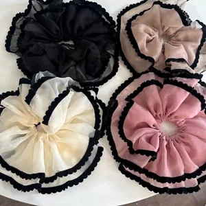 Sweet Ballet Style Double Layer Organza Scrunchie Mesh Hair Tie With Velvet Scalloped Edge Elegant Large Hair Ring For Women