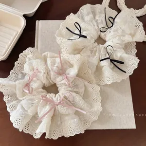 Sweet Cream Lace Bowknot Hair Scrunchie Embroidered Floral Hair Tie With Satin Ribbon Bow Elegant Hair Accessories For Women