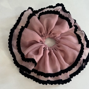 Extra large lotus pink mesh hair scrunchie with black velvet wavy edge for ballet style