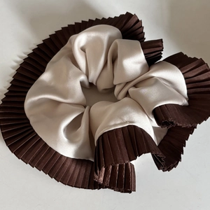 Elegant champagne satin scrunchie with dark coffee pleated edges for women hair styling