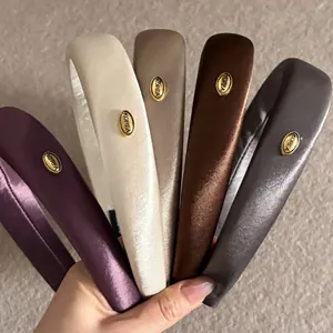 Korean Style Padded Satin Headband For Women High Top Sponge Padded Hairband Solid Color Silk Like Head Hoop With Gold Label Fashion Hair Accessories