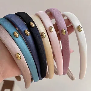 French Vintage Satin Fabric Headband With Gold Metal Label Elegant Hair Hoop For Women Daily Fashion Headwear Hair Accessories