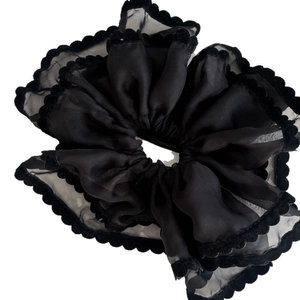 Double-layered black lace organza scrunchie with velvet wave edges for ballet style