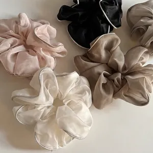 Elegant organza scrunchies in multiple colors with silver piping and fashion label