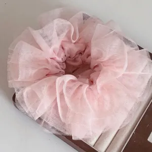 Handmade pink heavy lace scrunchie with layered tulle design for high ponytail styling