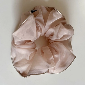 Pink organza scrunchie with silver metallic edge for elegant hairstyles and daily wear