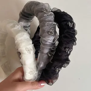 Eleganter Plissee Mesh Haarreif Mit Strass Für Damen Mode Ruched Organza Haarband Süße Blume Haarreif Zubehör