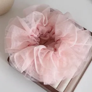 Pink heavy handmade lace mesh scrunchie with layers of ruffled tulle for women