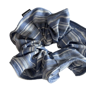 Vintage blue striped cotton scrunchie with fashion label for women's hair styling