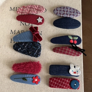 10-piece cute cherry and bow hair clip set featuring tweed and denim fabrics for girls