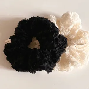 Vintage Lace Mesh Scrunchie With 3D Rose Flower Pattern Large Hair Tie Romantic Elegant Hair Rope For Women Daily Bun Accessories
