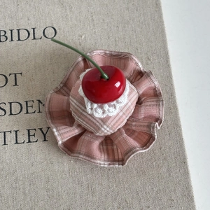 Sweet handmade cherry cake hair clip with pink plaid fabric bow and lace detail