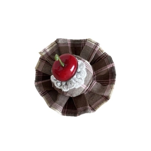 Sweet handmade brown plaid bow hair clip with white lace and a realistic red cherry topper