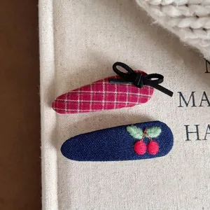 Handmade Fabric Hair Clips For Girls Cute Cherry Bunny Embroidery BB Clips Kawaii Gingham Denim Hairpins Hair Accessories