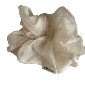 Elegant cream silk oversized scrunchie hair tie with pearl luster and FMdrea label