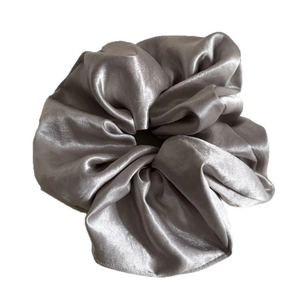Elegant oversized silver grey satin scrunchie with a glossy silk-like finish and soft pleats