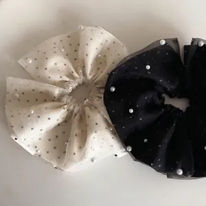 Lot de chouchous élégants à pois et perles en organza transparent noir et blanc