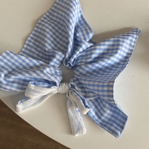 Blue and white plaid bow hair tie with lace details for high ponytail styling