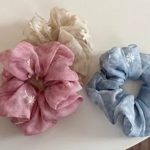 Französische Netzgewebe Blumen Stickerei Haargummis Elegante Organza Blume Haarbänder Für Damen Frisch Süß Haarschmuck