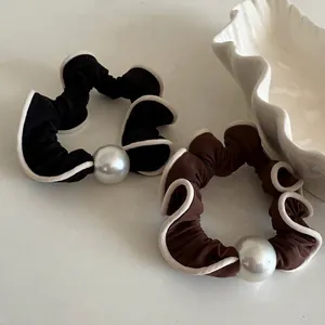 French Style Fabric Scrunchie With Large Faux Artificial Pearl Contrast Edging Elastic Hair Tie For Women Elegant Hair Accessory