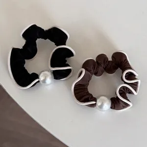 French minimalist hair scrunchies with large pearl in black and brown fabric set