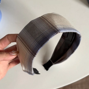 Classic blue and beige plaid wide fabric headband with non-slip teeth for daily wear