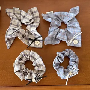 Preppy Checkered Plaid Scrunchies For Women Fabric Hair Ties With Ribbon Bow And Button Decoration Retro Handmade Hair Accessories