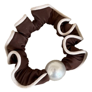 Brown satin scrunchie with white piping and a large pearl bead accessory for women