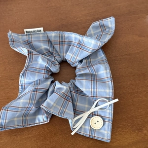 Blue plaid scrunchie with button detail and Have a nice day ribbon for women