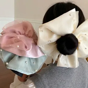 French Elegant Double Layer Organza Hair Scrunchie With Faux Artificial Pearls Rhinestones For Women Large Ponytail Holder Hair Tie