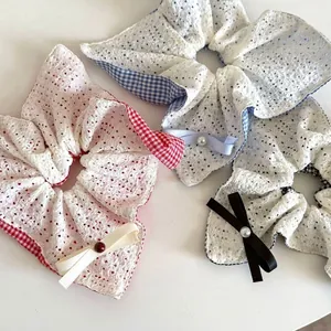 Chouchou en Dentelle Gingham Français Avec Nœud en Satin Fausse Künstliche Perle Grands Élastiques Cheveux Femme Fille