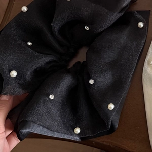 French style double-layer black mesh hair scrunchie with pearls and shiny rhinestones