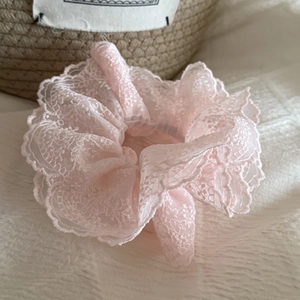 Pink French handmade lace scrunchie with layered ruffles and vintage floral crochet design