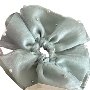French style double-layer pale green organza scrunchie with pearls and rhinestones