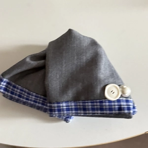 Korean style grey fabric hair scrunchie with blue plaid lace trim and pearl button detail