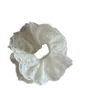 Elegant white French lace scrunchie with multi-layer floral embroidery for women