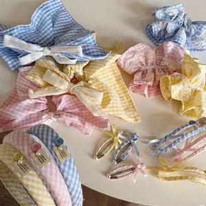 Korean Sweet Gingham Fabric Hair Accessories Set Lace Bow Scrunchies Duckbill Clips Sponge Headband For Women Girls Daily