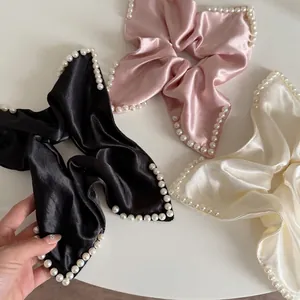 Set of 3 French satin scrunchies with white pearls in black, pink and cream white