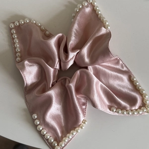 Elegant pink satin scrunchie with white pearl beads edge trim hair accessory