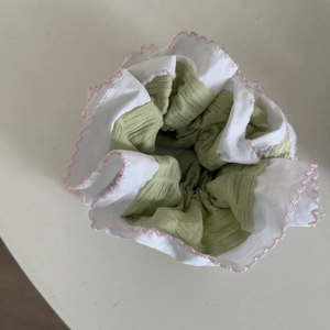 Green and white dual-layer oversized scrunchie with pink wavy lace trim decoration