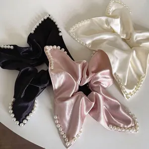 French Artificial Pearl Beaded Satin Scrunchies Large Silk Texture Hair Ties Elegant Vintage Elastic Ponytail Holders For Women Hair Accessories