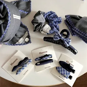 Korean Blue Grey Lace Plaid Hair Clip Bow Fabric Scrunchie Heart Claw Clip Headband Vintage Women Hair Accessories