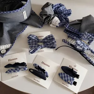 Vintage blue lace plaid hair accessories set with bow clips and scrunchies