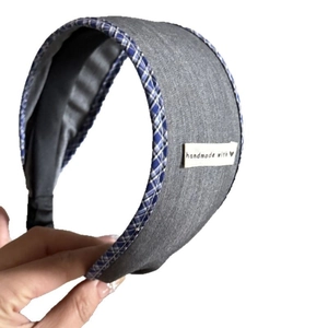 Blue and gray checkered lace wide headband with handmade heart label for women