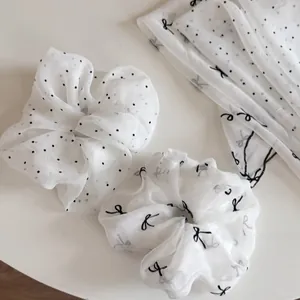 Polka dot organza scrunchies and matching scarf set in creamy white and black