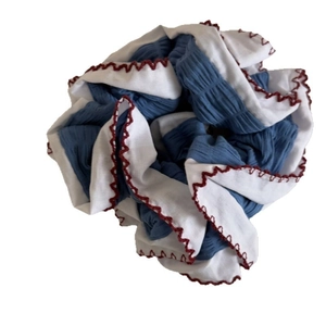 Blue and white oversized double-layer scrunchie with red wavy embroidery edge for hair
